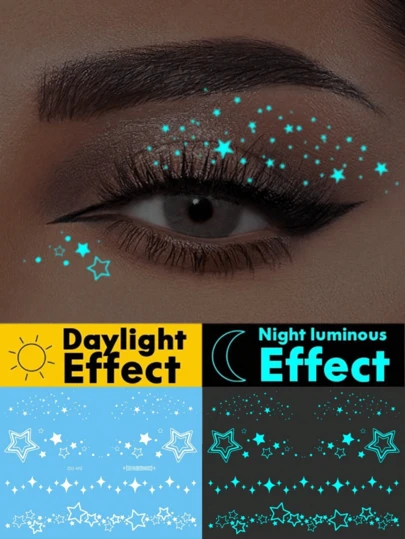 1 件夜光和白墨水夜光原创身体艺术临时纹身贴纸，闪亮星眼设计，闪亮面部和身体防水假纹身，持续 2-5 天，遮盖疤痕，适用于手臂、手腕、肩膀、腿、腰部、颈部、手、胸部、大腿、手指、派对和生日惊喜礼物