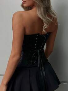 Apperloth A Black Corset Tops Sexy Overbust Longline Tube Top Jacquard Print Hook Front Lace Up Back Backless Boned Lingerie For Women Waist Training Shapewear With Thong Halloween Costumes Rave Partywear Going Out Clothes