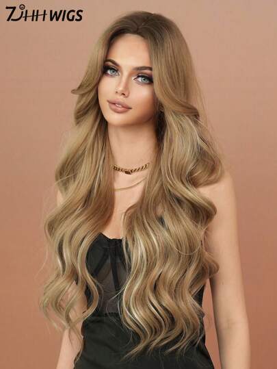 7JHH WIGS 挑染棕色超长卷发假发混合金色中分超长波浪假发合成纤维假发适合日常派对使用 32 英寸