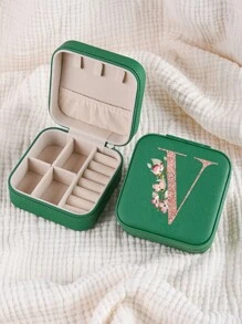 1pc Caixa de joias rosa com flores rosas, caixa de joias de viagem da moda com letras de ouro rosa, caixa de joias de viagem de presente personalizada, presentes de aniversário para mulheres, presentes de Natal para meninas adolescentes, iniciais, caixa de joias de viagem A-Z