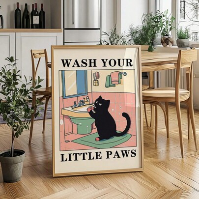 Wash Your Paws Green Cat Print, Cute Bathroom Poster, Wash Room Children Washing Up Posters, Kawaii Prints Decor, Unique Cats Art, No Frame
