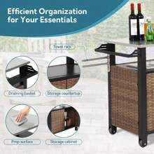 Outdoor Kitchen Wicker Island Rolling Cart & Storage Cabinet, Wheels And Stainless Steel Extended Table Top, Side Handle For Patio Kitchen Or Bar Cart