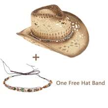 1 Hat And 2 Decorations Unisex Bead Decor Cowgirl Hat Hollow Out Summer Travel Shade Cowboy Hat Dyeing Wide Brim Printed Breathable With Beaded Trim Band Hand Woven Beach Hat Fedora Sun Hat Straw Hat - 米色 - 查看 2