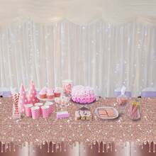 Pink Rose Gold Birthday Party Tablecloth, Wedding Diamond Sequin Disposable Tablecloth, 137*274cm/137*180cm For Party Arrangement, Tableware Set, Party And Wedding, Party Supplies, Home Goods - Rose Gold - View 3
