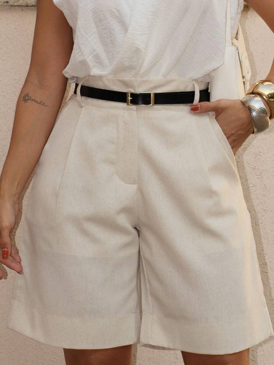 EMILI LLANA MODA Women's Bermuda Shorts With Pockets In Linen With Polyester Simple Casual - Beige - View 1