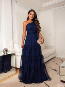 Long Party Dress Three Marias Tulle Ruffle Zero Sleeve One Shoulder Bridesmaid Prom Elegant Event Guest Birthday Debutante - 藏蓝色 - 查看 2