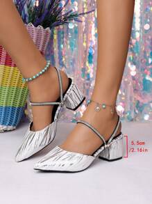 Sandalias de tacón alto con punta afilada plateada. Tira decorativa brillante + suela antideslizante. Esencial para mujeres de . Efecto adelgazante y aumento de altura de 5 cm. Sandalias para mujer de uso exterior. ¡Oferta especial por tiempo limitado!