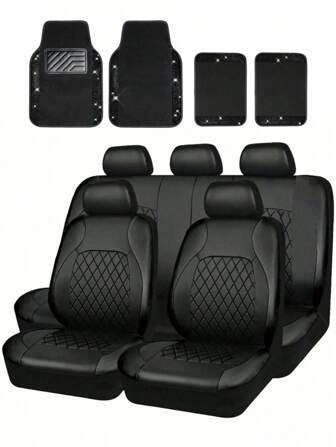 13 piezas/12 piezas/9 piezas/4 piezas Juego universal de fundas para asientos de coche, fundas de asiento de cuero de PU acolchado de lujo, se ajusta a vehículos de 5 asientos, asiento delantero y trasero dividido, compatible con airbags, cojín protector antideslizante y transpirable, alfombrillas para el piso del coche, juego completo de alfombras antideslizantes delanteras y traseras, para protección del interior, adecuado para sedán, SUV, hatchback, furgoneta, lindo para decoración del coche de mujer