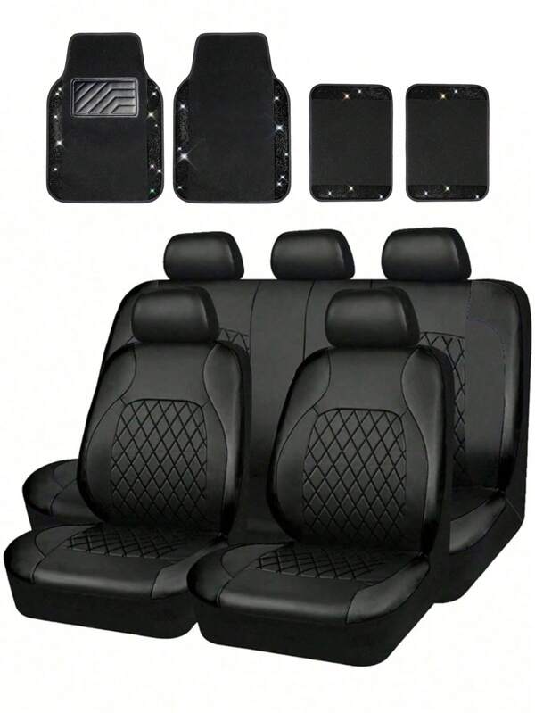 13 Stücke/9 Stücke/4 Stücke Universal Passform Autositzbezug Set, luxuriöse gesteppte PU-Leder Autositzbezüge für 5-Sitzer Fahrzeuge, geteilte Vorder- und Rückbank, airbagkompatibel, atmungsaktiv, rutschfeste Polsterauflage, Autofußmatten, komplettes Set Vorder- und Rückseite rutschfeste Teppiche für Innenraum-Schutz, für Auto, SUV, Limousine, Van, Automobilpolster Überzüge für niedliche Frauen.
