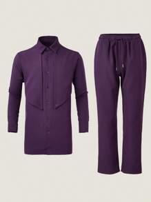 2pcs Men's African Dashiki Set, Symmetric Patchwork Design, Button-Up Long Sleeve Shirt, Elastic Waist Pants, Casual Streetwear Outfit, Suitable For Parties, Dates, Weddings, Cultural Events, Traditional Ceremonies - View 2