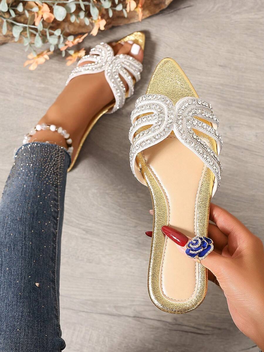 Crystal-Embellished Pointed Toe Slides, New Spring/Summer Fashion Brand H-Logo Slip-On Sandals, Casual Roman Style Flat Slippers For Women - Gold - View 1