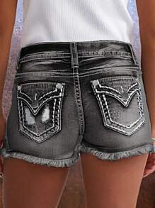 Women's Casual Washed Vintage Ripped Frayed Hem Fitted Denim Shorts - Grey - View 1