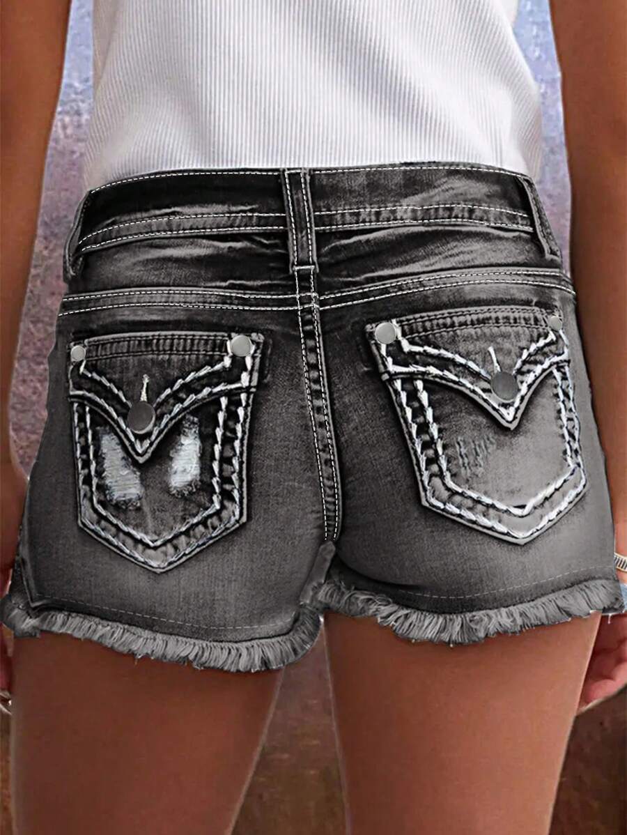 Women's Casual Washed Vintage Ripped Frayed Hem Fitted Denim Shorts - Grey - View 1