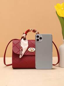 Women Embossed Plaid Small Handbag, Scarf Wristlet Purse For Daily Outing - Burgundy - View 5