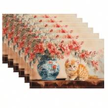 1/4/6 件厨房餐桌垫采用猫图案设计，由 100% 聚酯纤维编织而成。尺寸为 12 * 18 英寸/30 * 45 厘米，可机洗，耐热、防污、防水且易于清洁。它们可用作礼物、家居用品、厨房用品和春季室内装饰。 - 彩色 - 查看 23