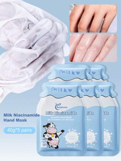 Set de 5 pares de mascarillas de manos con leche y niacinamida de 40g cada una, sedosas, hidratantes y nutritivas para pieles secas, rugosas y agrietadas, adecuadas para hombres y mujeres, un regalo perfecto para cumpleaños o Navidad