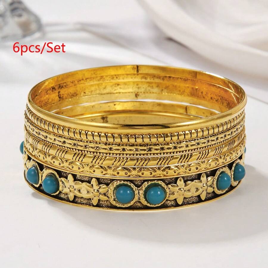 RINTOLER 6pcs Unique Geometric Hollow Woven Bangle Bracelet Set, Vintage Multi-Layer Stackable Iron Bracelet, 6.5cm Diameter