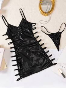 2 件套女士睡衣套装：拉链性感内衣镂空细肩带睡袍和丁字裤，Rave - 黑色 - 查看 6