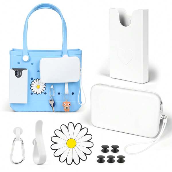 Set de 5 accesorios de bolso de playa: Monedero rectangular de silicona, decoraciones de dibujos animados de girasol encantadores, floral de verano