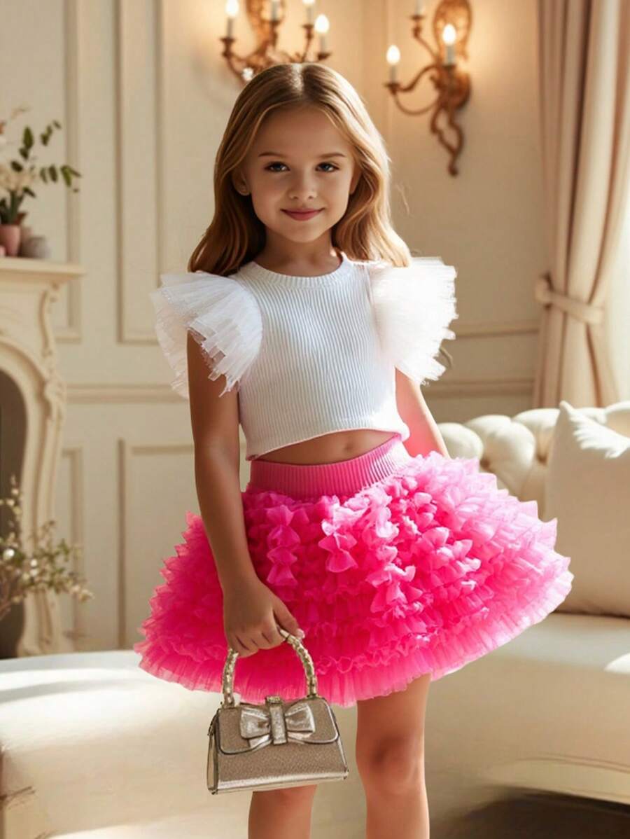 2pcs/Set Young Girl Mesh Patchwork Cap Sleeve T-Shirt + Tutu Skirt