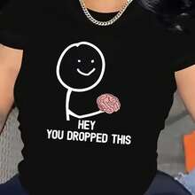 Camiseta gráfica casual para mujeres - Diseño de cerebro "Hey You Dropped This", negra con impresión blanca, tela suave y elástica, cuello redondo, lavable a máquina, comodidad para todas las estaciones, camisetas para damas, top con impresión divertida, camiseta de elasticidad media - Negro - Ver 7