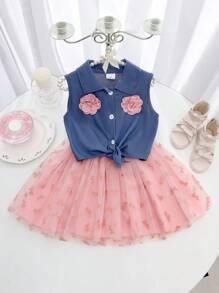 2 件套小女孩甜美 3D 花卉领无袖上衣和蝴蝶结刺绣薄纱裙套装，夏季 - 藍色 - 查看 1