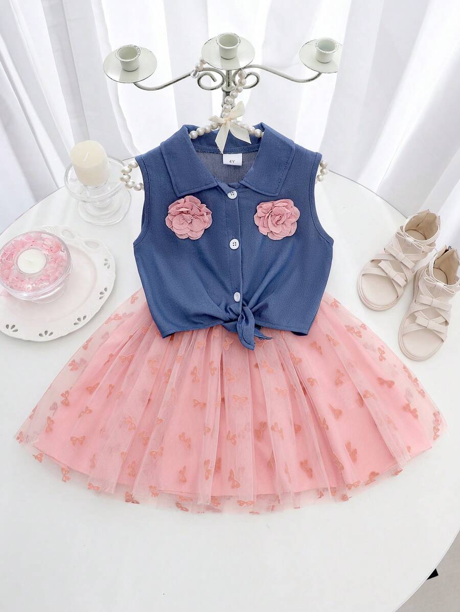 2 件套小女孩甜美 3D 花卉领无袖上衣和蝴蝶结刺绣薄纱裙套装，夏季 - 藍色 - 查看 1