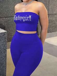 Rhinestone Decor Sleeveless Sexy Cropped Top And Pants Two Pieces Outfits, Casual Sports Fashionable Sets For Women, Spring And Summer - 藍色 - 查看 3
