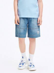 Balabala 男童棉質牛仔短褲，休閒中長褲 - 牛仔中藍 - 查看 1