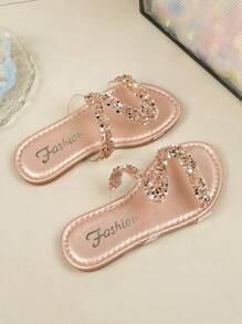 1 Pair Girls Classic Round Toe Rhinestone Decor Flat Sandals, Cute & Fashionable For Summer, Beach, And Various Occasions - Champagne - View 6