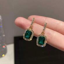 1 Pair Shiny Green Cubic Zirconia Geometric Square Earrings, Minimalist Elegant Design