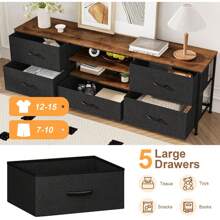 Mueble para TV de hasta 65 pulgadas, Soporte de TV de madera con 5 cajones de tela, Mesa consola de TV de 3 niveles de madera, Centro de entretenimiento con estantes abiertos, Gabinete de TV con marco de metal para sala de estar, dormitorio - Negro - Ver 7
