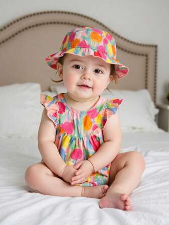 女婴郁金香印花连体衣配帽子，夏季