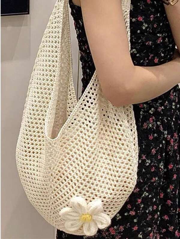 Knitted Hollow-Out Large Capacity Tote Bag, New Summer Beach Vacation Handbag, Oversized Office Work Carryall, Vacation Essentials, Perfectly Matching With Beach Accessories Women, Perfect For Summer, Vacation & Beach