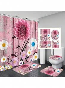 1 Stück / 4 Stücke farbenfrohe abstrakte Blumen Kunstwerke Multifunktions Badezimmer wasserdichter Duschvorhang mit 12 Haken, rutschfeste Badmatte, U-förmige Toilettenvorlage und runde Toilettendeckelabdeckung, Badezimmer Set für alle Szenarien Schulanfang