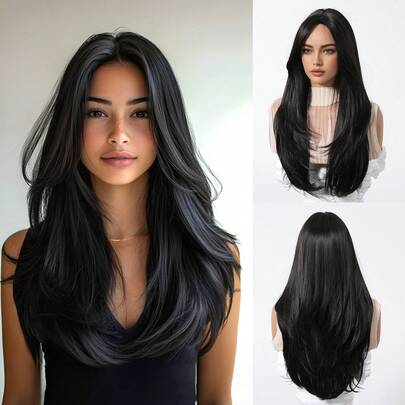 Tóc giả dài thẳng màu đen 26 inch, kiểu tóc nhiều lớp tự nhiên, sợi tổng hợp chịu nhiệt, phù hợp cho nữ giới sử dụng hàng ngày, dự tiệc, cosplay và các dịp khác.