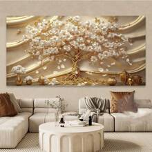 1 peça pôster botânico abstrato de flor branca, árvore dourada rica, quadros de parede modernos, pintura em tela, presente ideal para decoração de casa, decoração de quarto, itens de decoração de quarto, sem moldura, 50x100cm/19,68x39,37 polegadas