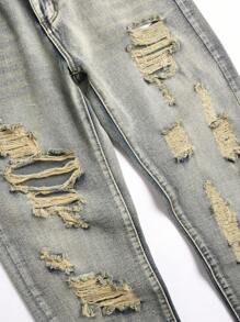 1pc Men's Front Button Pocket Distressed Washed Embroidered Casual Denim Jeans