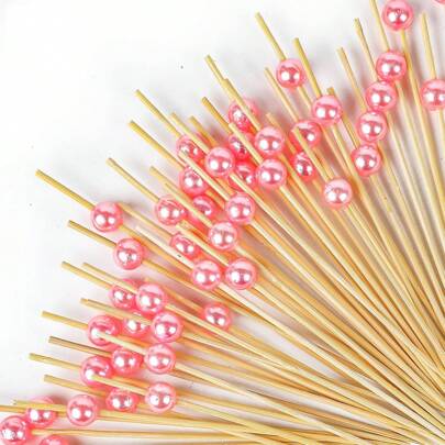 200pcs Gold, Pink, White Bamboo Skewers, Round Creative Faux Pearl Design, Suitable For Kitchen, Tabletop, Fruit Salad, Wedding, Festival Party, Festival Or Party Use