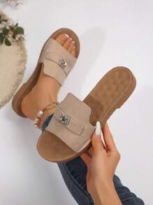 Women's Rhinestone Decorated Open Toe Flat Sandals, Suede Matte Finish Fisherman Style Strap Khaki Beach Shoes, New Summer Casual Slip-On Flat Slippers - Khaki - View 2