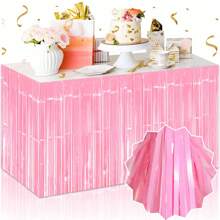 1 Pack Pink Foil Fringe Table Skirt, Pastel Color Pink/ White/ Yellow/ Green Metallic Tinsel Streamers Garland Banner Backdrop For Parade Float, Birthday, Thanksgiving, Christmas, Babyshower Party Table Decorations
