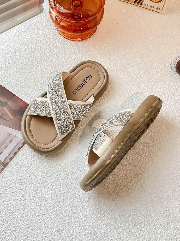 Cute Pearl Decor Open Toe Slippers For Girls Breathable Lightweight Non Slip Beach Slippers For Outdoor Activities - Apricot - View 3