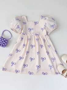 Vestido corto de manga corta con estampado de moños lindo para niñas pequeñas en verano - Morado - Ver 3