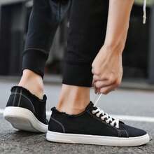 Los hombres casuales zapatos de lona de fondo plano de cordones zapatos de los hombres versión coreana de los zapatos de correr transpirable - Negro - Ver 4