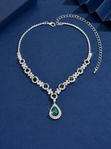 1 pieza Elegante y lujoso collar de mujer incrustado con cristales verdes, adecuado para uso diario, bodas y fiestas