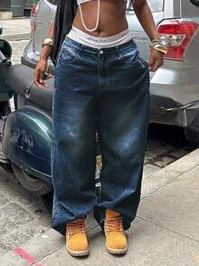 Women's Vacation Style Y2K Washed Distressed Wide Leg Jeans - Dark Wash - View 5