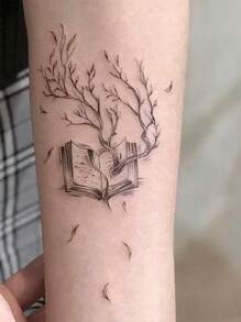Cyan sea 1pc Black Minimalist Withered Tree Magic Book Falling Leaves Temporary Tattoo, Personal Semi-Permanent Waterproof Non-Reflective Sticker Arm Fake Tattoo Suitable For Fashion People