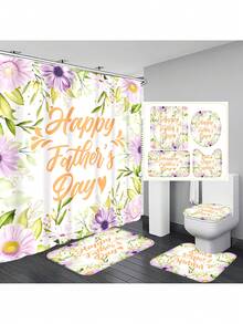 1pc/4pcs Father's Day Printed Multipurpose Bathroom Decor Set - Waterproof Shower Curtain With 12 Hooks, Slip-Resistant Bath Mat, U-Shape Toilet Mat, Round Toilet Lid Cover, Suitable For All Bathroom Scenarios Back To School
