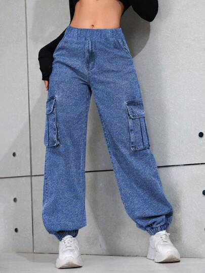 1 pieza Pantalón jogger de efecto vaquero con múltiples bolsillos, versátil y casual, para adolescentes, apto para primavera/verano/otoño/invierno