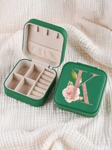 1pc Caixa de joias rosa com flores rosas, caixa de joias de viagem da moda com letras de ouro rosa, caixa de joias de viagem de presente personalizada, presentes de aniversário para mulheres, presentes de Natal para meninas adolescentes, iniciais, caixa de joias de viagem A-Z